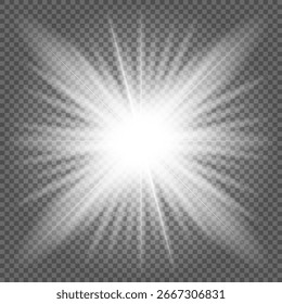 White glowing light explosive burst. New Year illustration for decoration cooling effect with ray glitter. Bright star. Transparent glitter gradient, unforgettable shine. Glare texture.