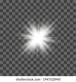 White glowing light flashes with transparent. Vector illustration for decorating cool effect with sequins rays. Bright Star. Transparent background, bright flash.