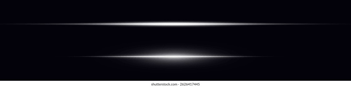 White Glowing Light Lines – Abstract Horizontal Beams with Shine, Blur, and Flare Effects on Dark Background, Futuristic Vector Illustration for Digital Design

