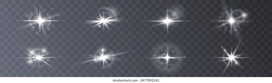 White glowing light PNG explodes on a transparent background. Bright Star. Transparent shining sun, bright flash. Vector graphics.