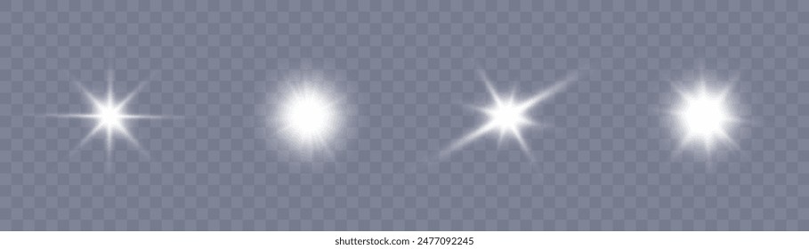 Luz blanca brillante PNG explota sobre un fondo transparente. Estrella brillante. Sol brillante transparente, destello brillante. Vector gráfico.