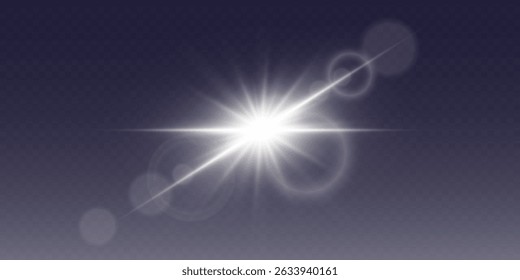 White glowing light with rays of light. On a transparent background.