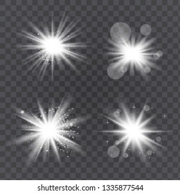 White glowing light set explodes on a transparent background.Glowing lights effect, flare, explosion and stars. Sun flash with rays and spotlight