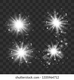 White glowing light set explodes on a transparent background.Glowing lights effect, flare, explosion and stars. Sun flash with rays and spotlight