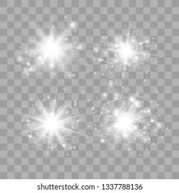 White glowing light set explodes on a transparent background.Glowing lights effect, flare, explosion and stars. Sun flash with rays and spotlight