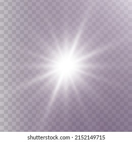 White glowing light star on a black background. Transparent shining sun, star explodes and bright flash. White bright illustration starburst. 