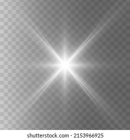 Weißer heller Stern auf schwarzem Hintergrund. Transparente strahlende Sonne, Sternexplosionen und heller Blitz. Weiße, helle Illustration. 