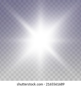 White glowing light star on a black background. Transparent shining sun, star explodes and bright flash. White bright illustration starburst. 