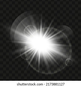 White glowing light star on a black background. Transparent shining sun, star explodes and bright flash. White bright illustration starburst. 