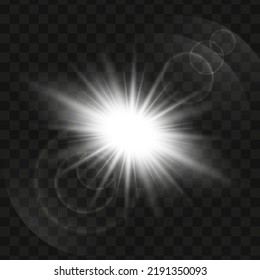 White glowing light star on a black background. Transparent shining sun, star explodes and bright flash. White bright illustration starburst.