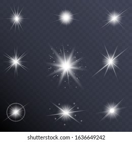 White glowing light stars burst . Vector illustration for cool effect decoration with ray sparkles. Transparent shine gradient glitter, bright flare. Glare texture.