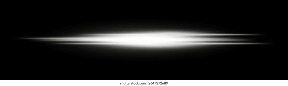 White glowing light streak. Horizontal neon beam with smooth glow and layered flow on black background, fitting tech, motion or speed themes.