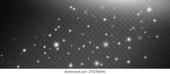 Luz blanca brillante en la parte superior con partículas de nieve que caen de diferentes tamaños y transparencia sobre un fondo oscuro a cuadros. Efecto de Vector brillante de invierno.