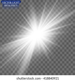 White glowing light with transparent. Vector illustration. Bright star. Transparent shine gradient glitter, bright flare. Glare texture.