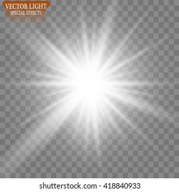 White glowing light with transparent. Vector illustration. Bright star. Transparent shine gradient glitter, bright flare. Glare texture.