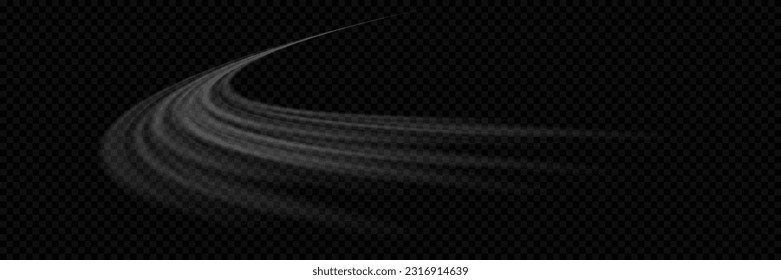 Ola de luz blanca brillante, línea de velocidad. Resumen del flash del rastro de luz ondulada, curva de movimiento giratoria. Sobre un fondo transparente.