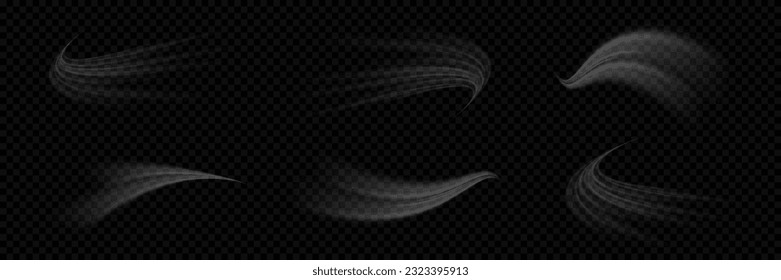 Ola de luz blanca brillante, línea de velocidad. Resumen del flash del rastro de luz ondulada, curva de movimiento giratoria. Sobre un fondo transparente.