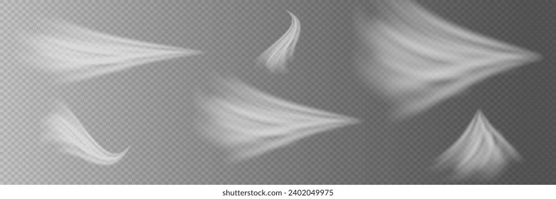 White glowing light wave, speed line. Abstract wavy light trail flash, swirl motion curve. On a transparent background.