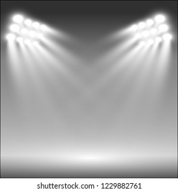 White glowing light.Stadium floodlights brightly illuminate evening or night sports games, concerts, shows, events. Isolated on a transparent background. Arenas of bright spotlights. Bright lights. 