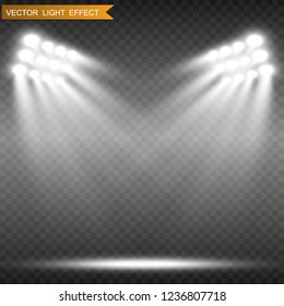 White glowing light.Stadium floodlights brightly illuminate evening or night sports games, concerts, shows, events. Isolated on a transparent background. Arenas of bright spotlights. Bright lights.