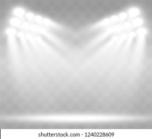 White glowing light.Stadium floodlights brightly illuminate evening or night sports games, concerts, shows, events. Isolated on a transparent background. Arenas of bright spotlights. Bright lights.