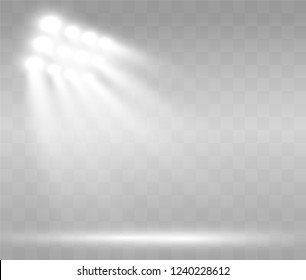 White glowing light.Stadium floodlights brightly illuminate evening or night sports games, concerts, shows, events. Isolated on a transparent background. Arenas of bright spotlights. Bright lights.