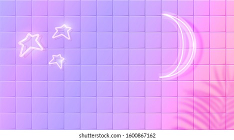 White glowing moon and stars, neon effect on purple ceramic tiles wall. Trendy background with tropic leaves shadow overlay. Vector horizontal banner design.