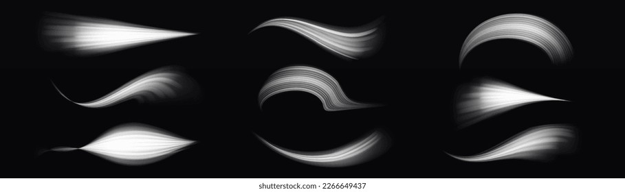 White glowing motion line. Dynamic sparkle waves. Light sparkling effect. Luminous silver lines of speed. Magic speed flying trails of shine, bright shimmer particles fly. Vector illustration.