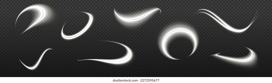 White glowing motion line. Dynamic sparkle waves. Luminous silver lines of speed. Light sparkling effect. Magic speed flying trails of shine, bright shimmer particles fly. Vector illustration.