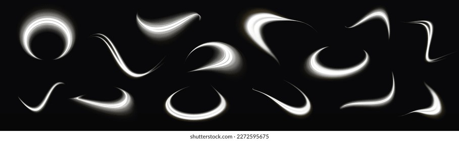 White glowing motion line. Luminous silver lines of speed. Magic speed flying trails of shine, bright shimmer particles fly. Dynamic sparkle waves. Light sparkling effect. Vector illustration.