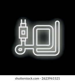 White glowing neon icon of an external hard drive connecting to a computer via a cable on a black background