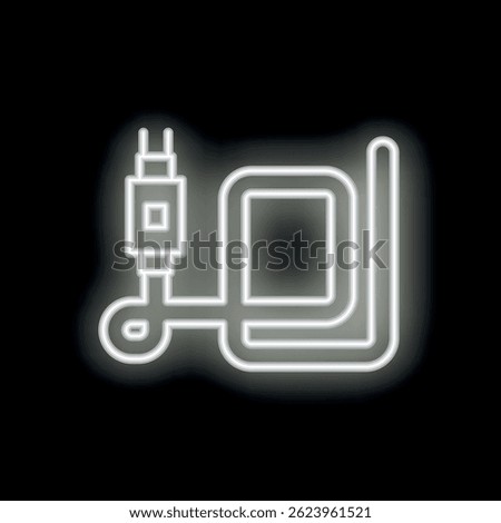 White glowing neon icon of an external hard drive connecting to a computer via a cable on a black background