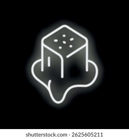 White glowing neon icon of melting ice cube on black background