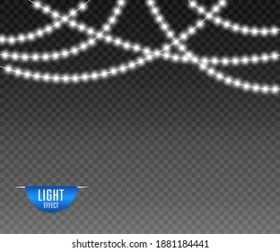 White glowing night lights, light bulbs. Christmas and new year lights. Vector overlay template isolated background.