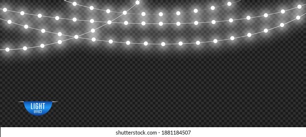 White glowing night lights, light bulbs. Christmas and new year lights. Vector overlay template on transparent isolated background.