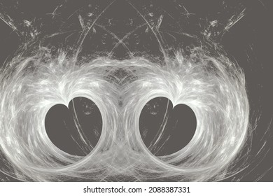 White glowing pattern of crooked waves and two black hearts on a black background. Abstract vector image.