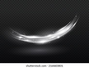 Weiße glänzende Linien wirken auf Vektorhintergrund. Leuchtende gelbe Geschwindigkeitslinien. Lichterscheinung. Abstrakte Bewegungslinien. Lichtspurwelle, Feuerbahnlinie, Autolichter, Glasfaser und Ink.