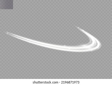 Weiße glänzende Linien wirken auf Vektorhintergrund. Leuchtende weiße Geschwindigkeitslinien. Lichterscheinung. Lichtspurwelle, Brandspurlinie und Bruchkurve drehen.