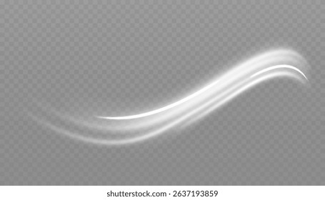 White glowing shiny lines effect. Set of glowing ellipses in speed shape. Imitation of the exit of cold air. Light trail wave, fire path trace line and incandescence curve twirl.