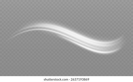 White glowing shiny lines effect. Set of glowing ellipses in speed shape. Imitation of the exit of cold air. Light trail wave, fire path trace line and incandescence curve twirl.