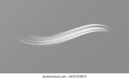 White glowing shiny lines effect. Set of glowing ellipses in speed shape. Imitation of the exit of cold air. Light trail wave, fire path trace line and incandescence curve twirl.