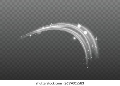 White glowing shiny lines. Wind speed effect. Glowing white lines with dust. Glow effect. Light wave trail.