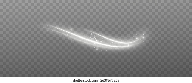 White glowing shiny lines.Wind speed effect.Glowing white lines with dust . Luminous glowing effect. Light trace of a wave.