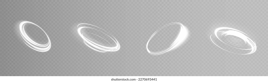 White glowing shiny spiral lines. EPS10. Abstract effect of high-speed plasma movement. Shiny wavy path. Light painting. Easy trail. PNG	