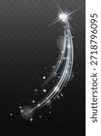 White glowing shooting star light trail with sparkles on transparent dark background.