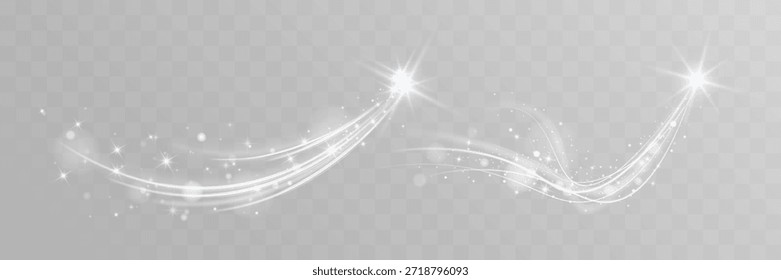 Estela de luz brillante blanca de la estrella fugaz con destellos sobre fondo oscuro transparente.