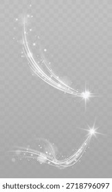 Estela de luz brillante blanca de la estrella fugaz con destellos sobre fondo oscuro transparente.