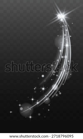 White glowing shooting star light trail with sparkles on transparent dark background.