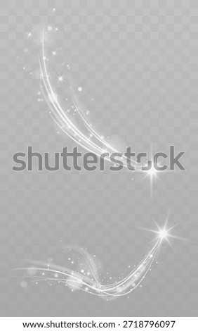White glowing shooting star light trail with sparkles on transparent dark background.
