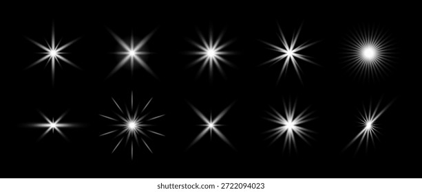 Weiß glühendes Funkelset. Kollektion von leuchtenden Lichteffekten. Bündel von Strahlungs-Sonnenstrahl-Berststrahlen. Magische Sterne, funkelnde und funkelnde leuchtende Packung. Sternenstrahlen strahlen Sonnenelemente aus. Vektorgrafik